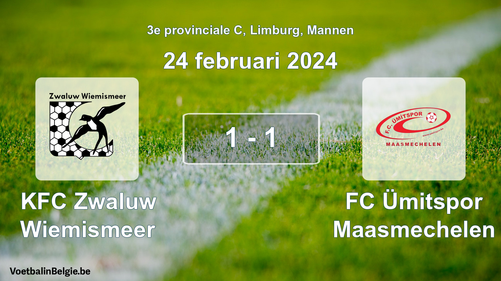 Gespeelde wedstrijd mannenvoetbal: KFC Zwaluw Wiemismeer - FC Ümitspor Maasmechelen 1 - 1 (24 februari 2024)