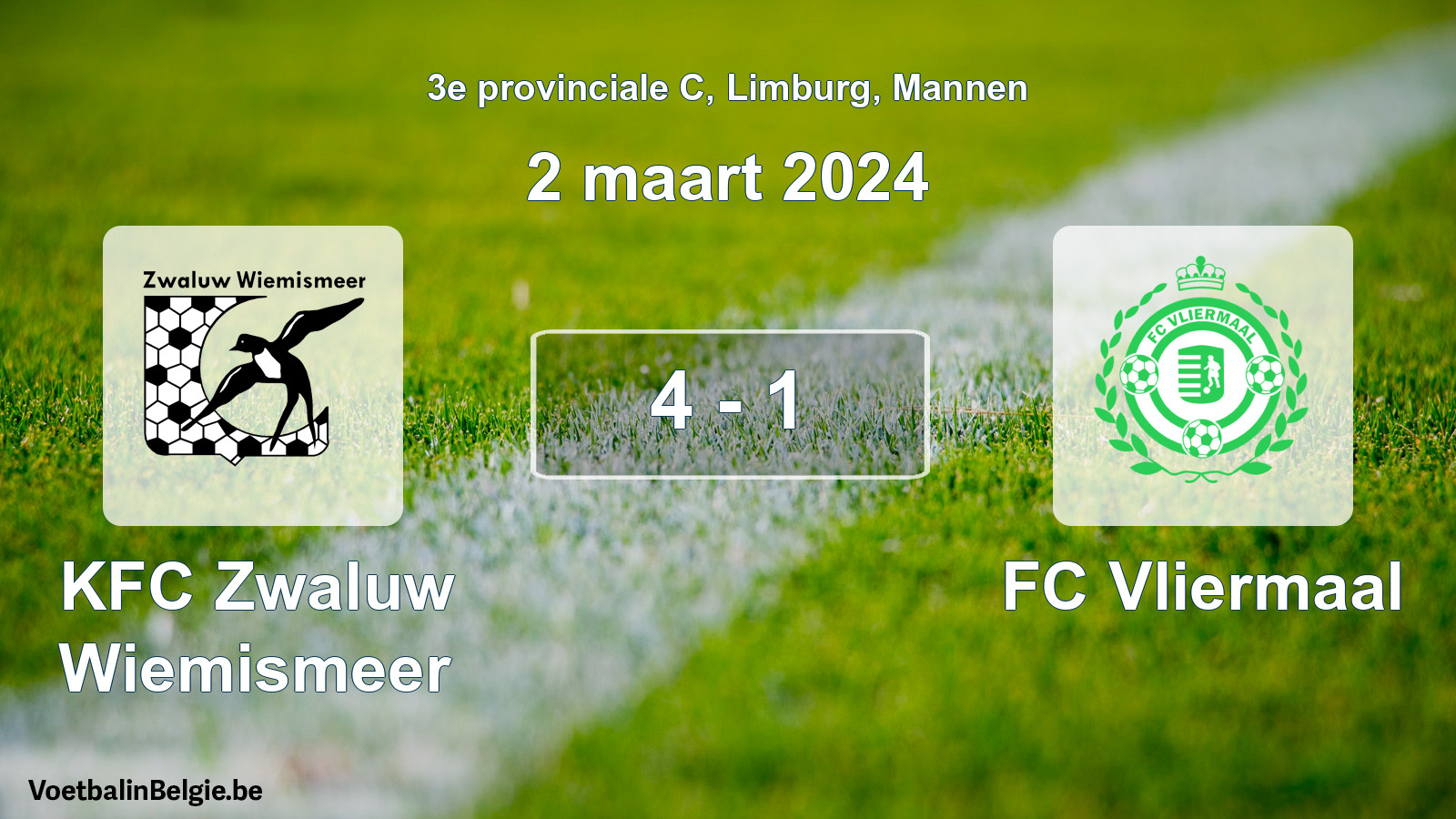 Gespeelde wedstrijd mannenvoetbal: KFC Zwaluw Wiemismeer - FC Vliermaal 4 - 1 (2 maart 2024)