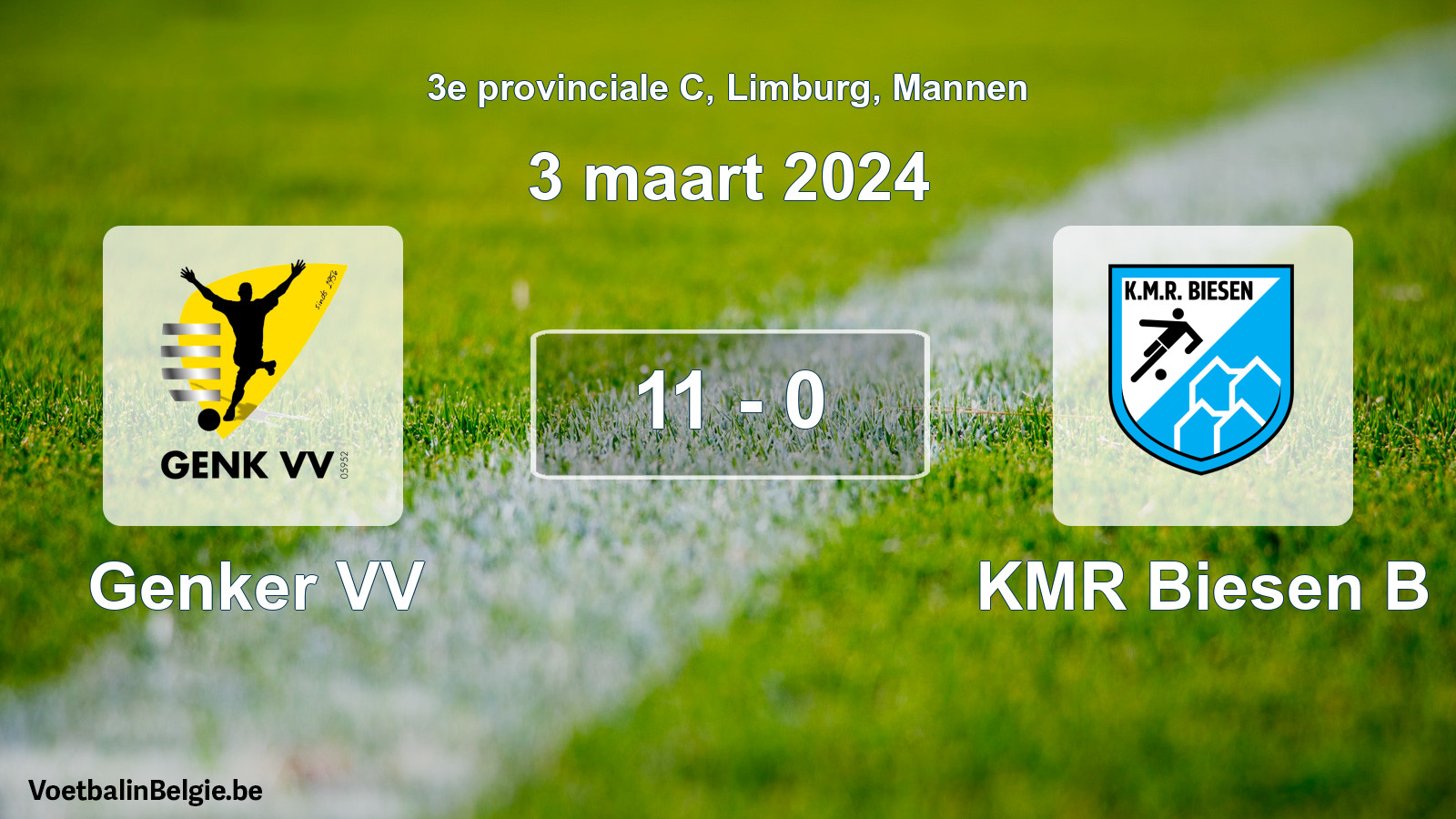 Gespeelde wedstrijd mannenvoetbal: Genker VV - KMR Biesen B 11 - 0 (3 maart 2024)