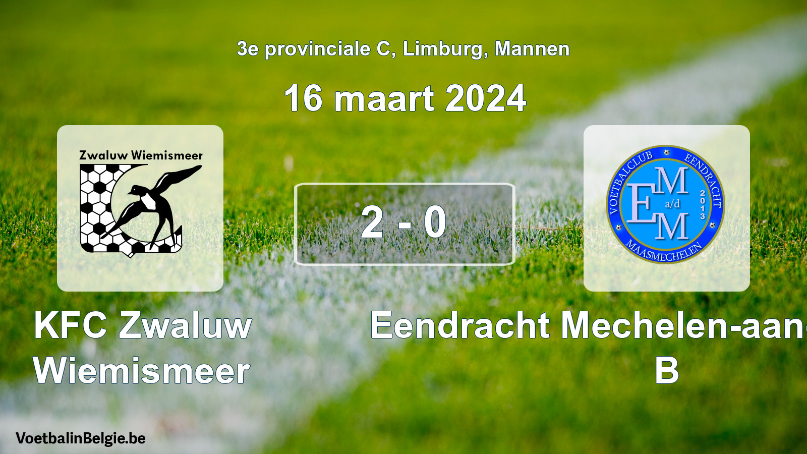 Gespeelde wedstrijd mannenvoetbal: KFC Zwaluw Wiemismeer - Eendracht Mechelen-aan-de-Maas B 2 - 0 (16 maart 2024)