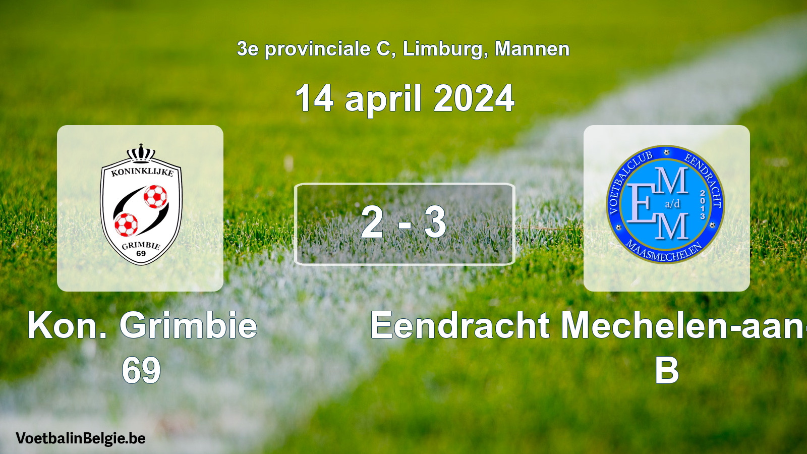 Gespeelde wedstrijd mannenvoetbal: Kon. Grimbie 69 - Eendracht Mechelen-aan-de-Maas B 2 - 3 (14 april 2024)