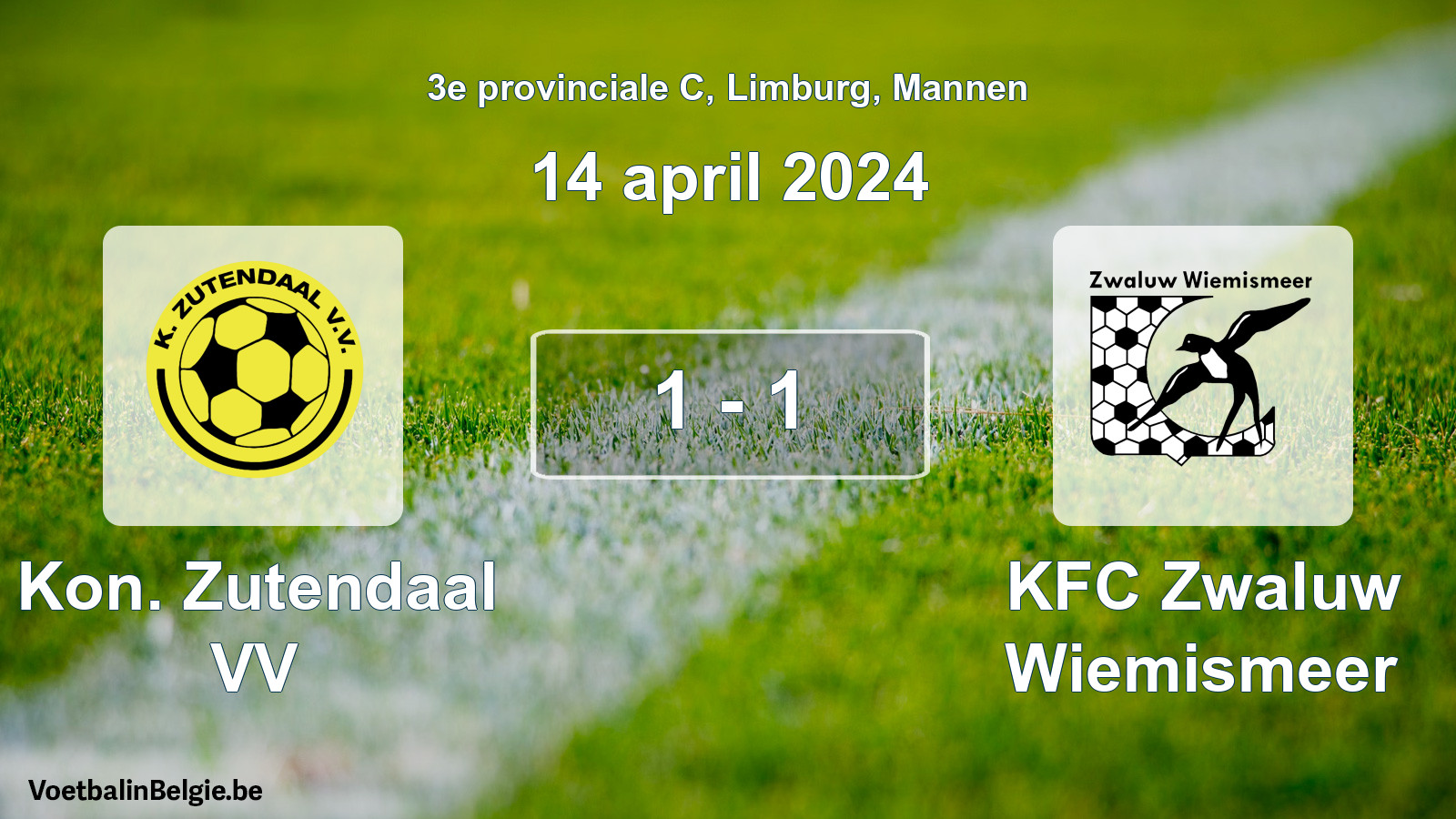 Gespeelde wedstrijd mannenvoetbal: Kon. Zutendaal VV - KFC Zwaluw Wiemismeer 1 - 1 (14 april 2024)