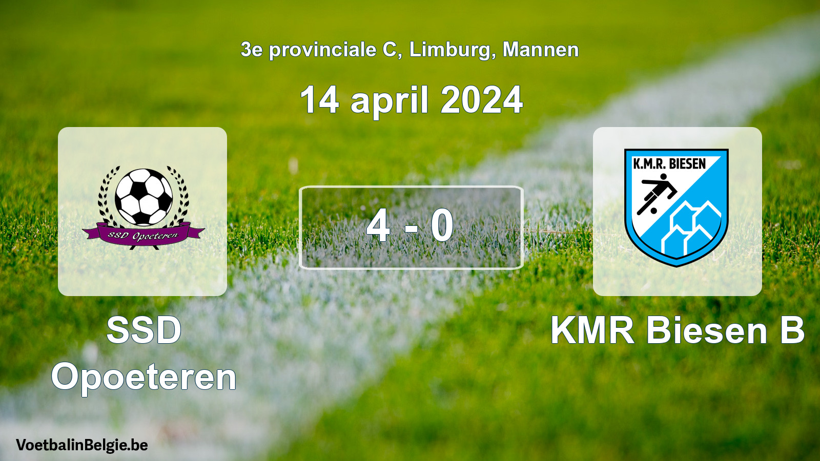 Gespeelde wedstrijd mannenvoetbal: SSD Opoeteren - KMR Biesen B 4 - 0 (14 april 2024)