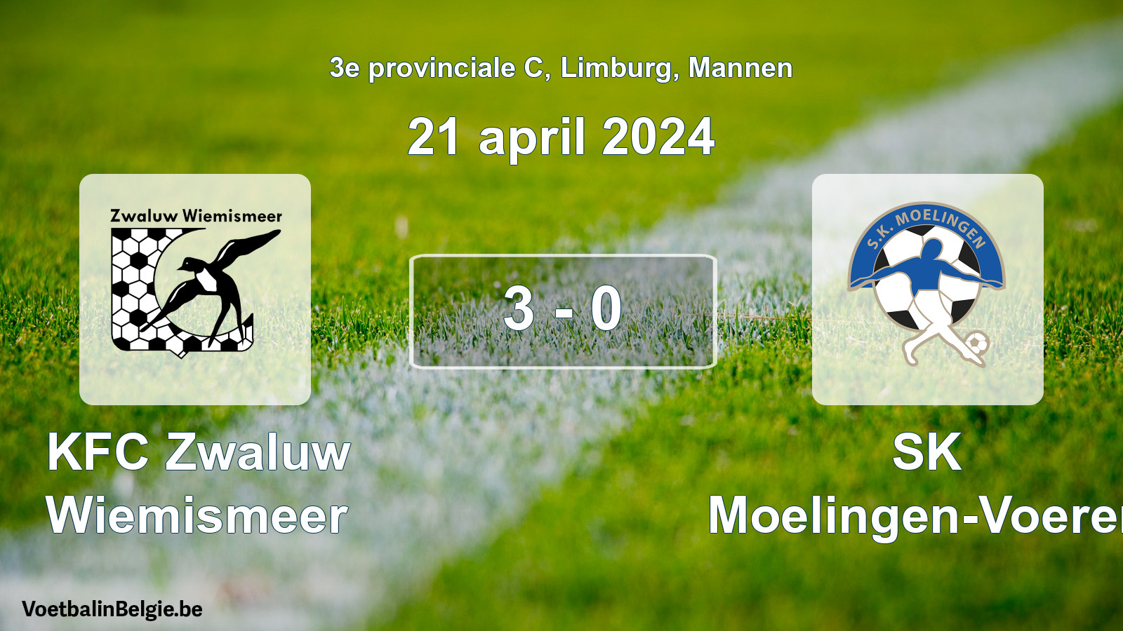 Gespeelde wedstrijd mannenvoetbal: KFC Zwaluw Wiemismeer - SK Moelingen-Voeren 3 - 0 (21 april 2024)