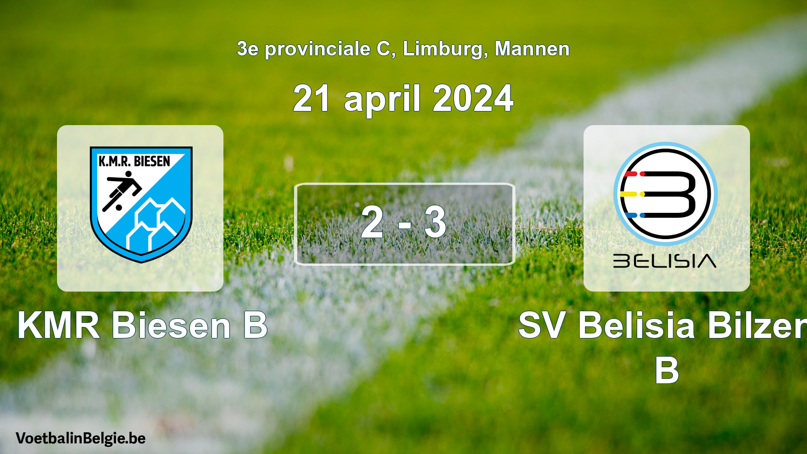 Gespeelde wedstrijd mannenvoetbal: KMR Biesen B - SV Belisia Bilzen B 2 - 3 (21 april 2024)