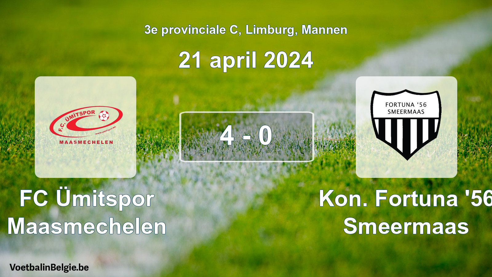 Gespeelde wedstrijd mannenvoetbal: FC Ümitspor Maasmechelen - Kon. Fortuna '56 Smeermaas 4 - 0 (21 april 2024)