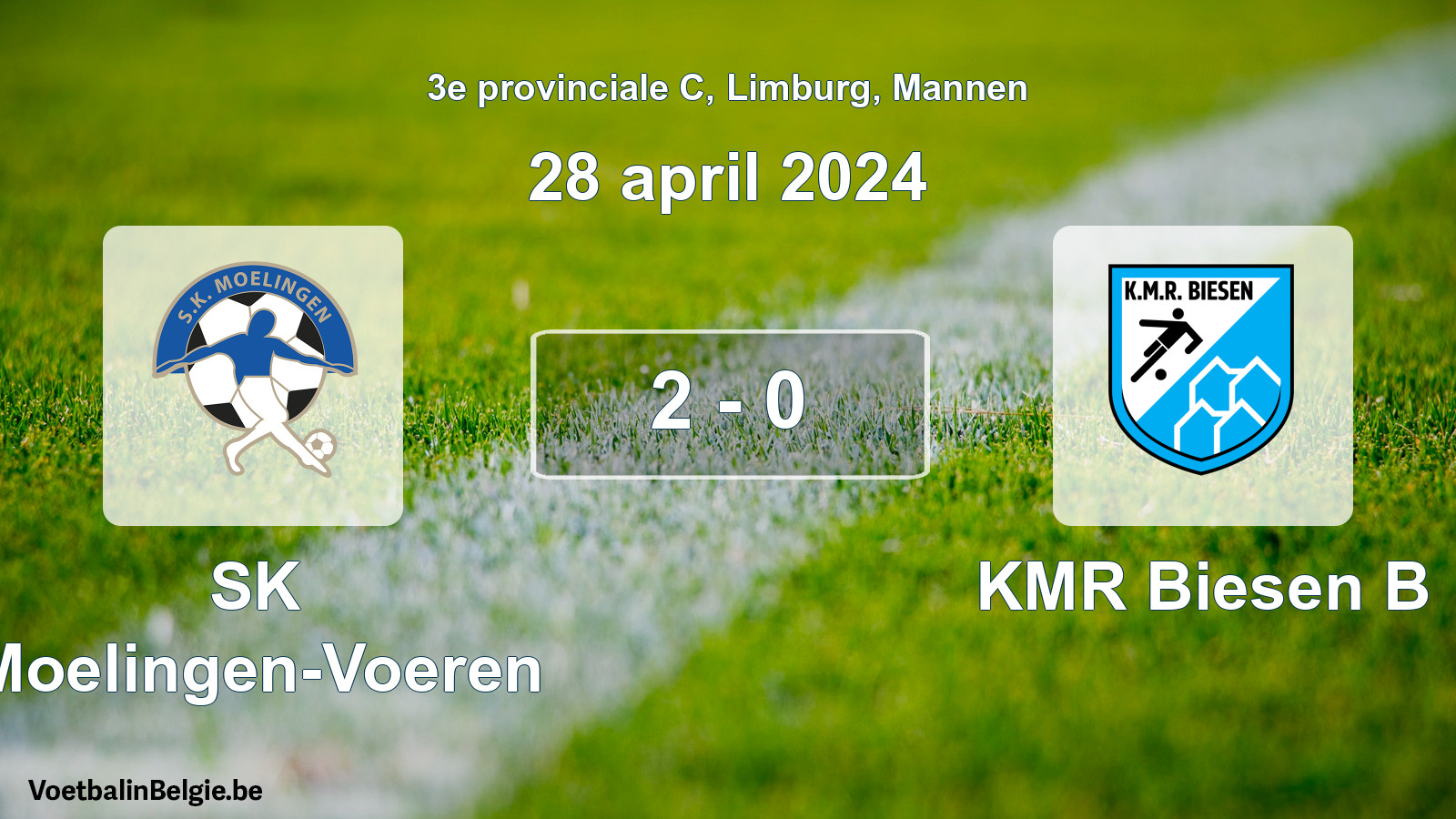 Gespeelde wedstrijd mannenvoetbal: SK Moelingen-Voeren - KMR Biesen B 2 - 0 (28 april 2024)