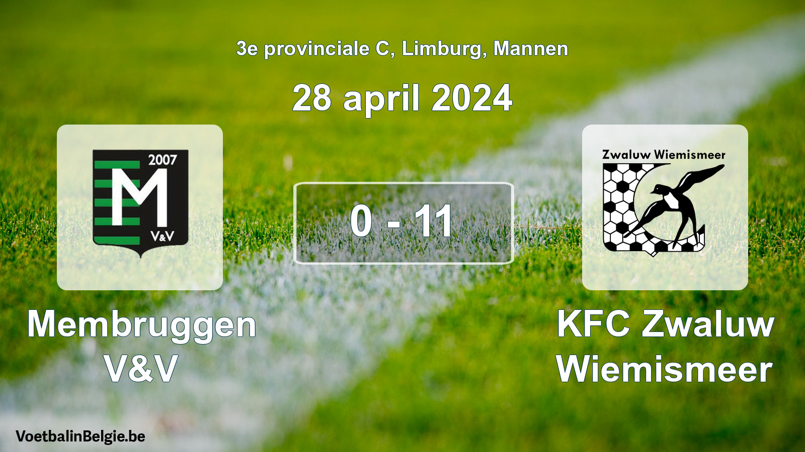 Gespeelde wedstrijd mannenvoetbal: Membruggen V&V - KFC Zwaluw Wiemismeer 0 - 11 (28 april 2024)