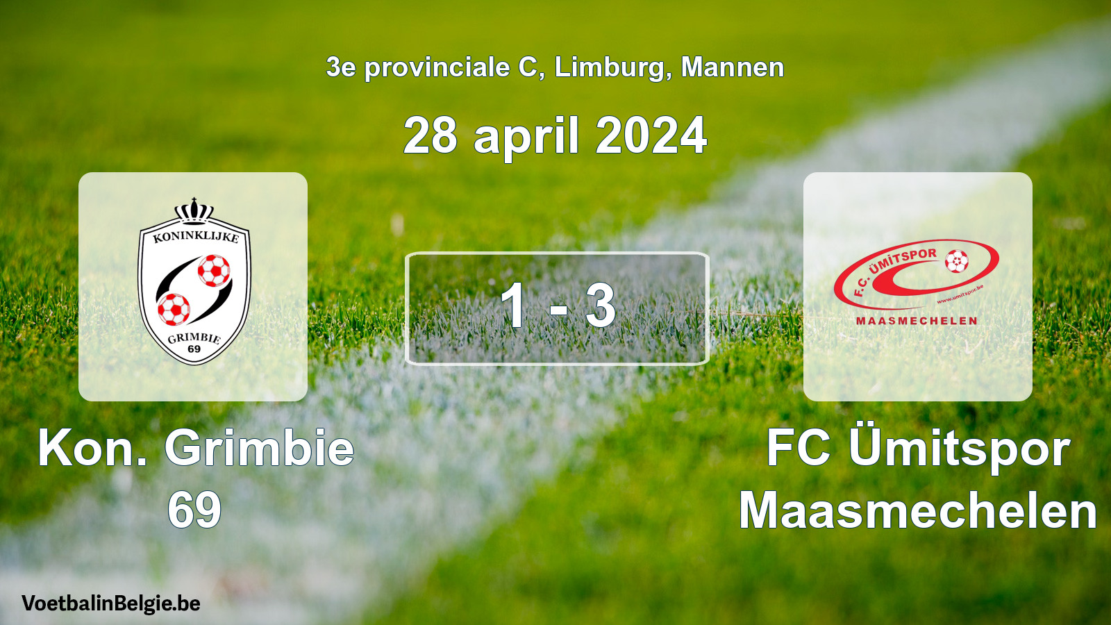 Gespeelde wedstrijd mannenvoetbal: Kon. Grimbie 69 - FC Ümitspor Maasmechelen 1 - 3 (28 april 2024)