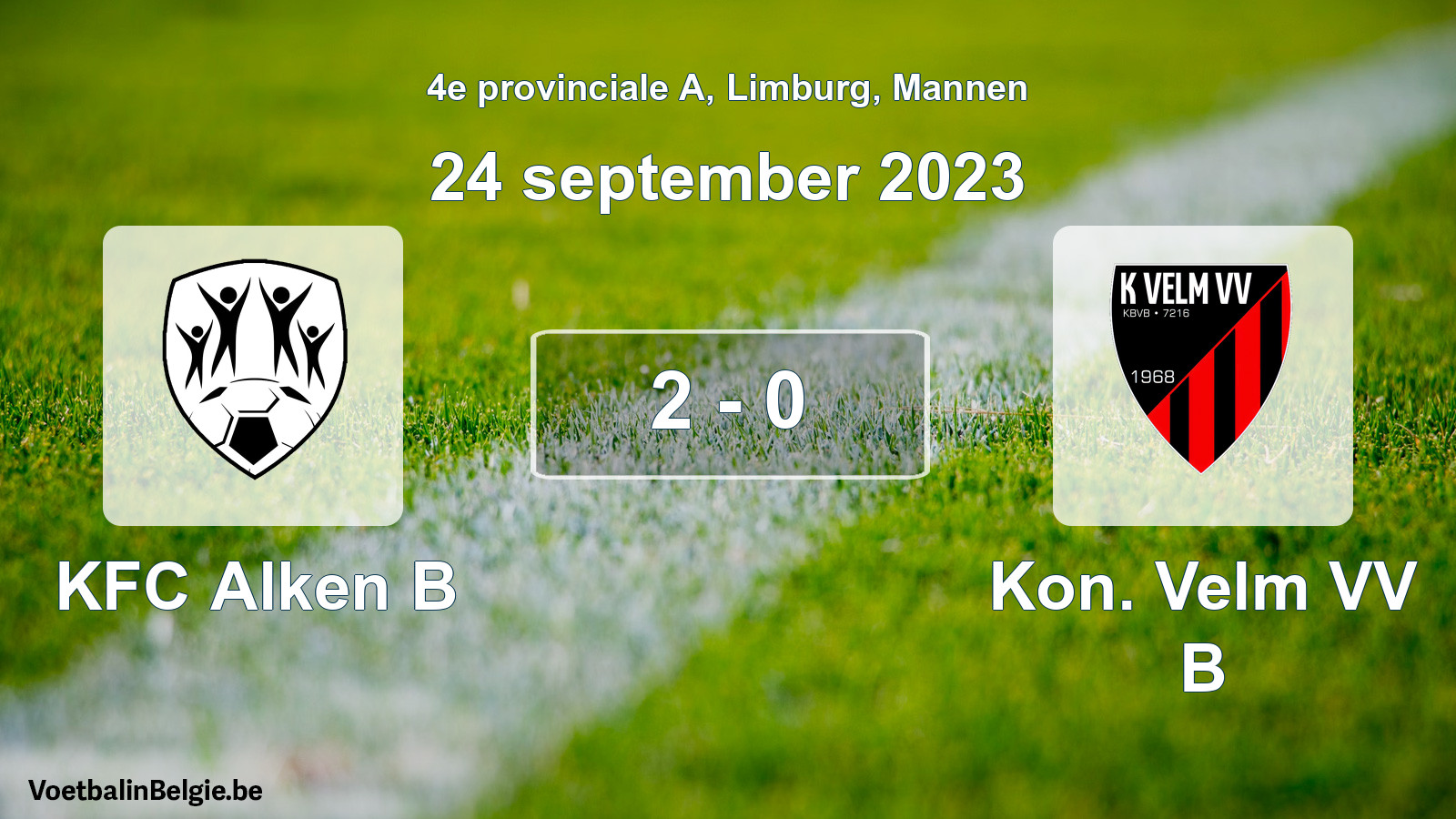 Gespeelde wedstrijd mannenvoetbal: KFC Alken B - Kon. Velm VV B 2 - 0 (24 september 2023)
