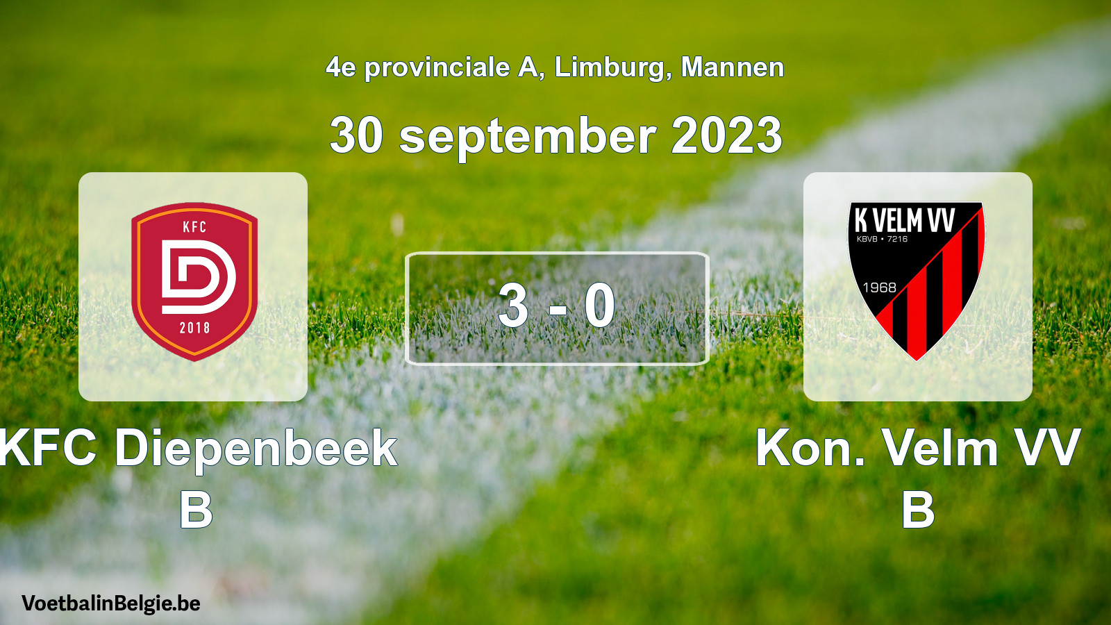 Gespeelde wedstrijd mannenvoetbal: KFC Diepenbeek B - Kon. Velm VV B 3 - 0 (30 september 2023)