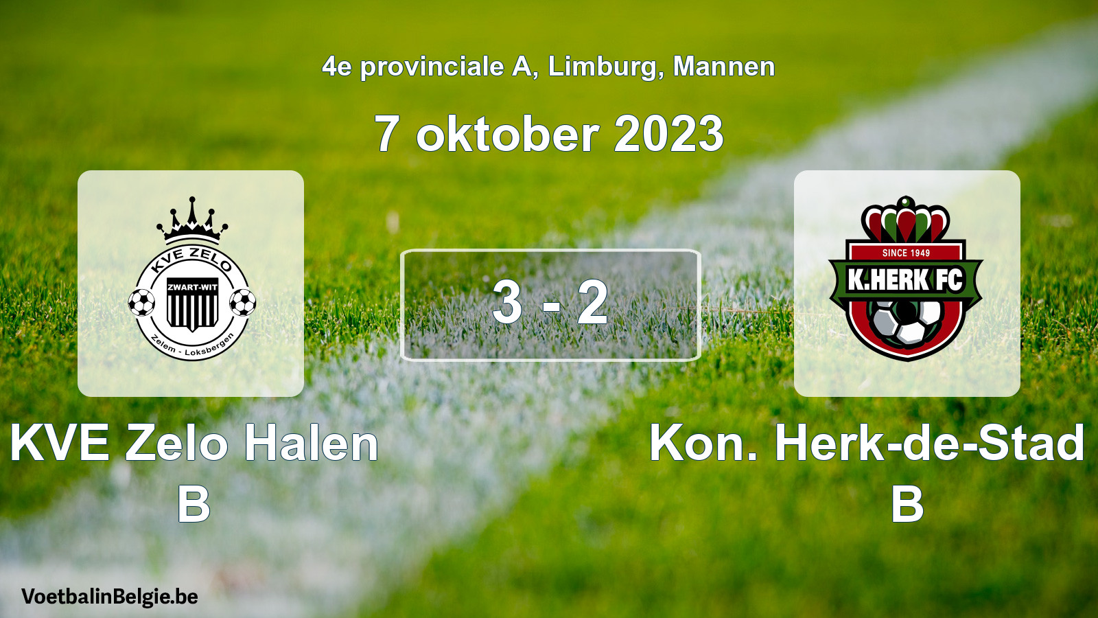 Gespeelde wedstrijd mannenvoetbal: KVE Zelo Halen B - Kon. Herk-de-Stad FC B 3 - 2 (7 oktober 2023)