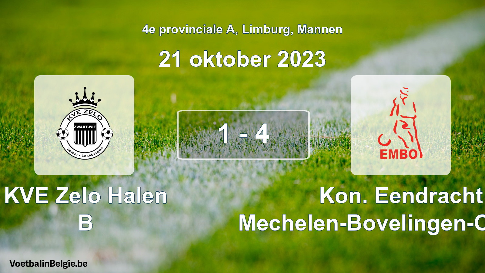 Gespeelde wedstrijd mannenvoetbal: KVE Zelo Halen B - Kon. Eendracht Mechelen-Bovelingen-Opheers 1 - 4 (21 oktober 2023)