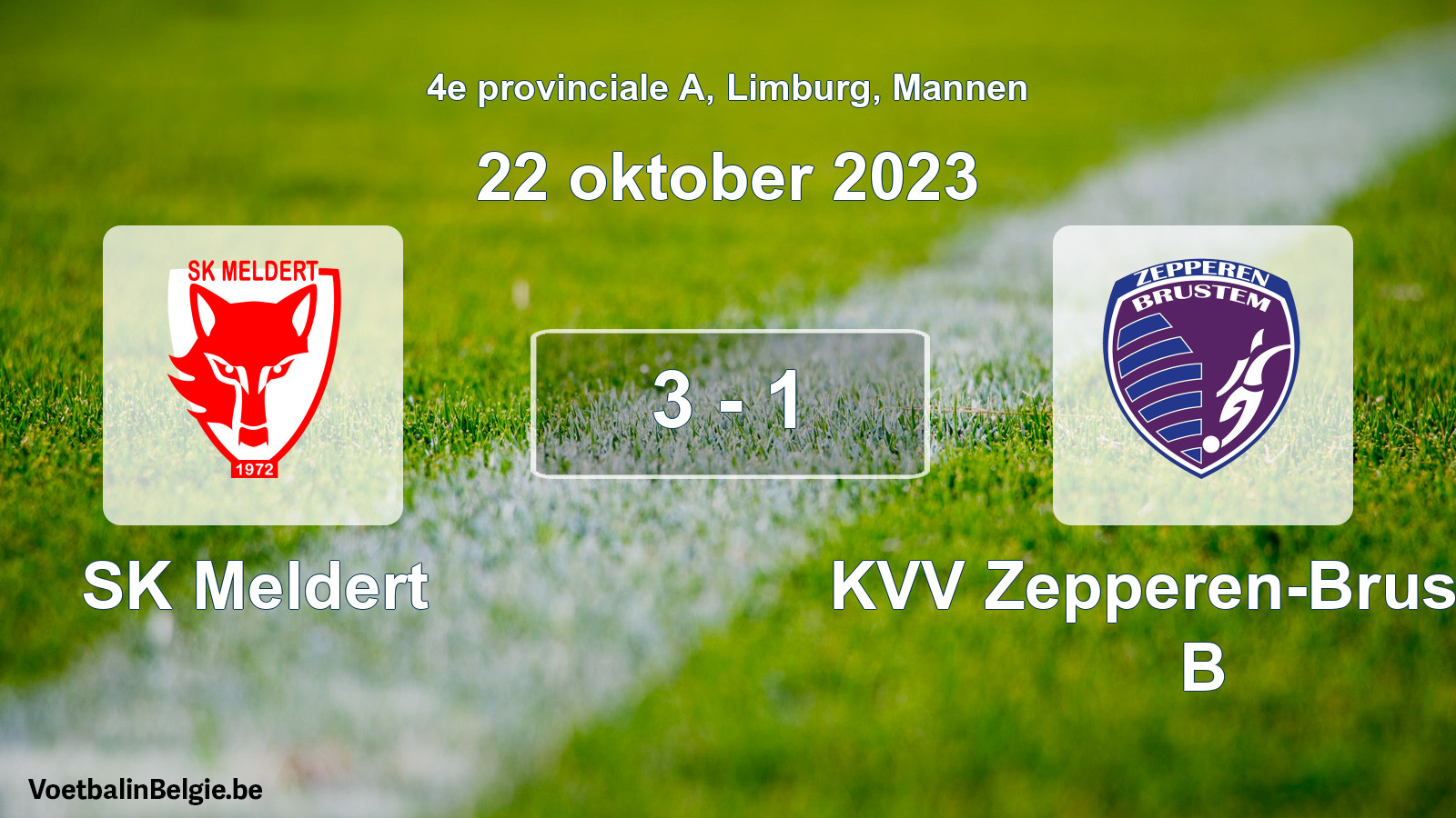 Gespeelde wedstrijd mannenvoetbal: SK Meldert - KVV Zepperen-Brustem B 3 - 1 (22 oktober 2023)