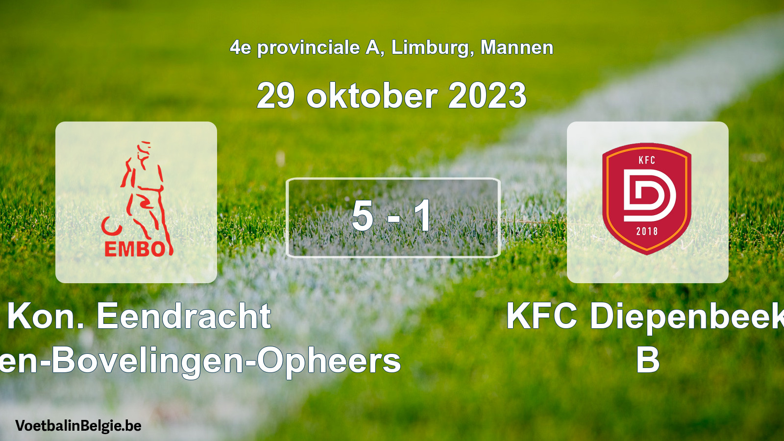 Gespeelde wedstrijd mannenvoetbal: Kon. Eendracht Mechelen-Bovelingen-Opheers - KFC Diepenbeek B 5 - 1 (29 oktober 2023)