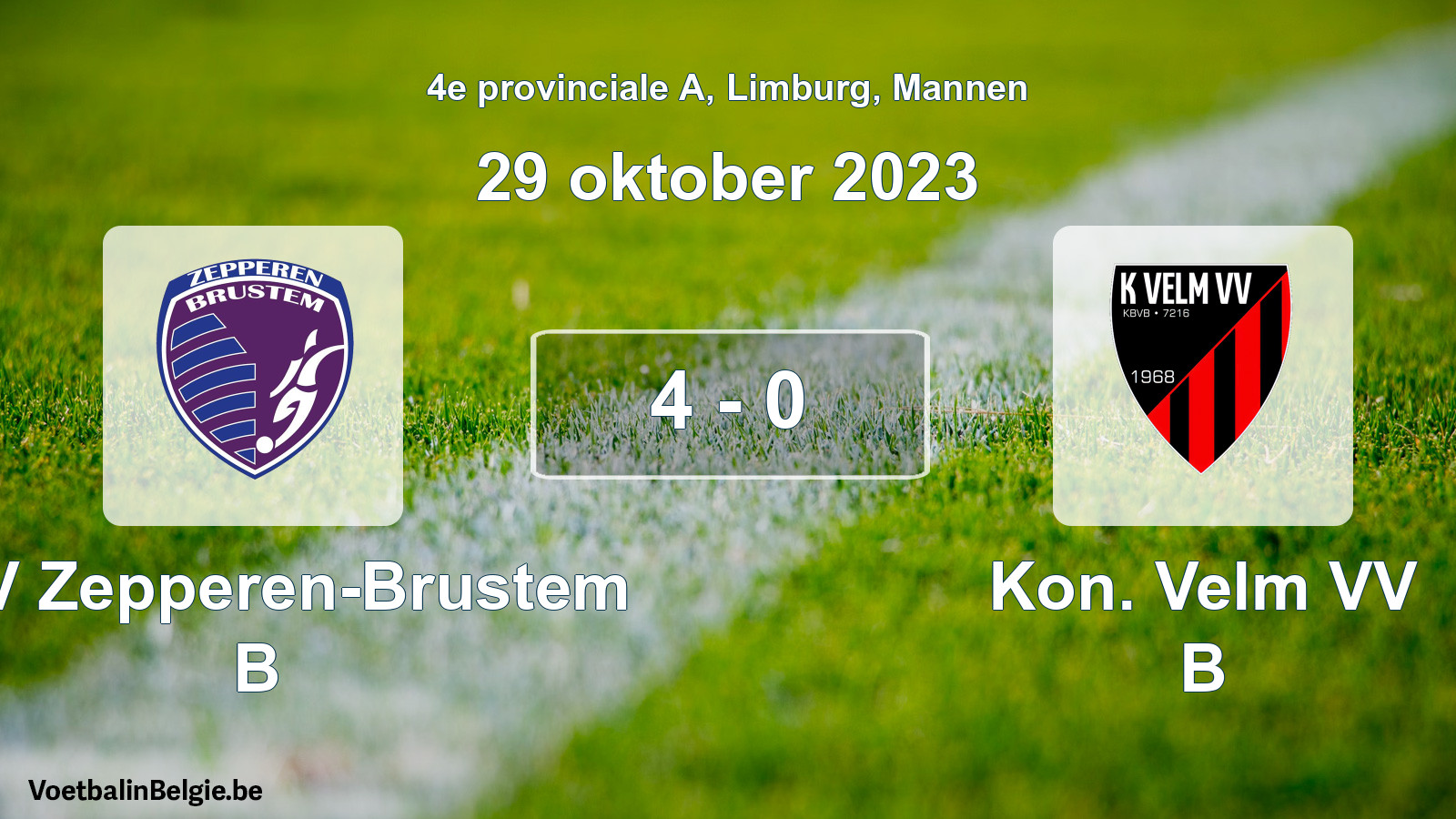 Gespeelde wedstrijd mannenvoetbal: KVV Zepperen-Brustem B - Kon. Velm VV B 4 - 0 (29 oktober 2023)