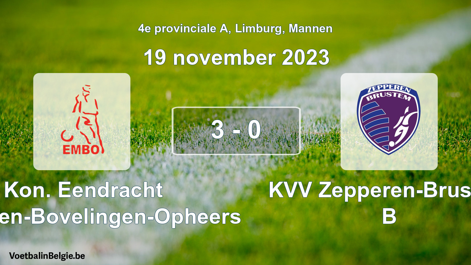 Gespeelde wedstrijd mannenvoetbal: Kon. Eendracht Mechelen-Bovelingen-Opheers - KVV Zepperen-Brustem B 3 - 0 (19 november 2023)