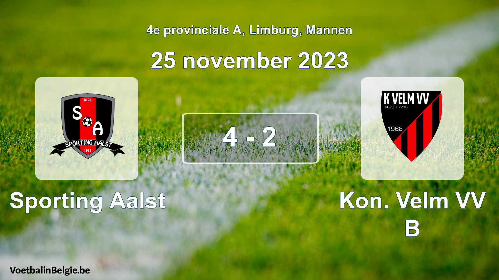 Gespeelde wedstrijd mannenvoetbal: Sporting Aalst - Kon. Velm VV B 4 - 2 (25 november 2023)