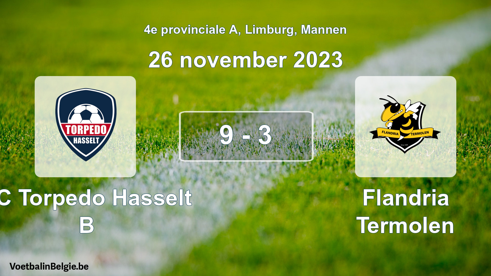 Gespeelde wedstrijd mannenvoetbal: FC Torpedo Hasselt B - Flandria Termolen 9 - 3 (26 november 2023)