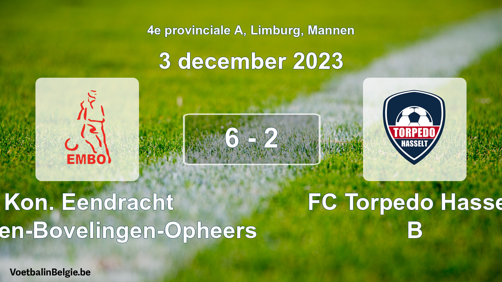 Gespeelde wedstrijd mannenvoetbal: Kon. Eendracht Mechelen-Bovelingen-Opheers - FC Torpedo Hasselt B 6 - 2 (3 december 2023)