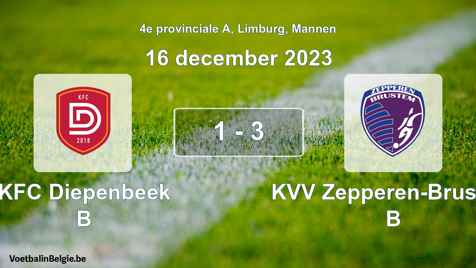 Gespeelde wedstrijd mannenvoetbal: KFC Diepenbeek B - KVV Zepperen-Brustem B 1 - 3 (16 december 2023)
