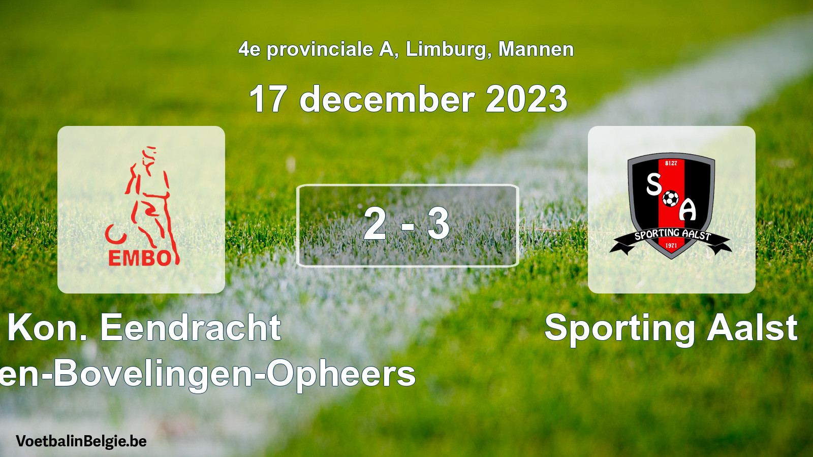 Gespeelde wedstrijd mannenvoetbal: Kon. Eendracht Mechelen-Bovelingen-Opheers - Sporting Aalst 2 - 3 (17 december 2023)