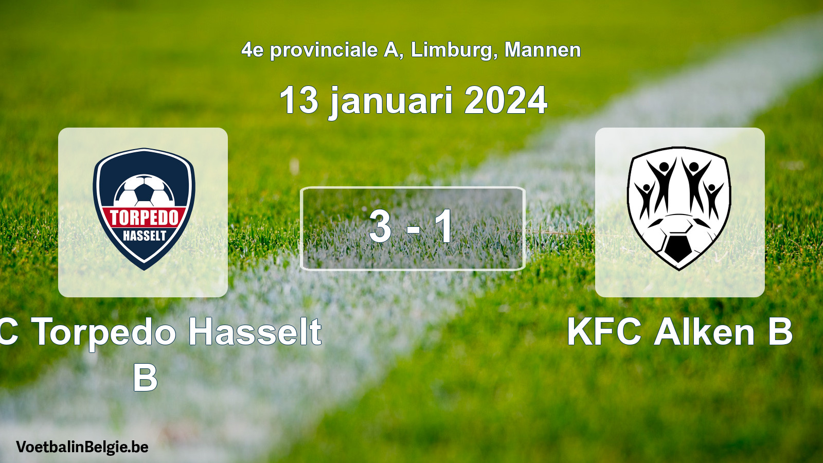 Gespeelde wedstrijd mannenvoetbal: FC Torpedo Hasselt B - KFC Alken B 3 - 1 (13 januari 2024)