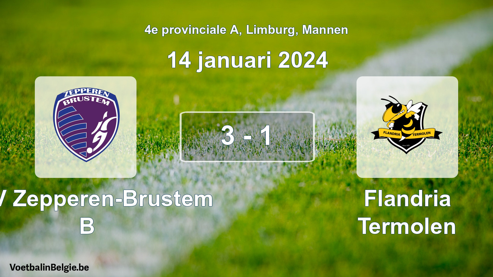 Gespeelde wedstrijd mannenvoetbal: KVV Zepperen-Brustem B - Flandria Termolen 3 - 1 (14 januari 2024)