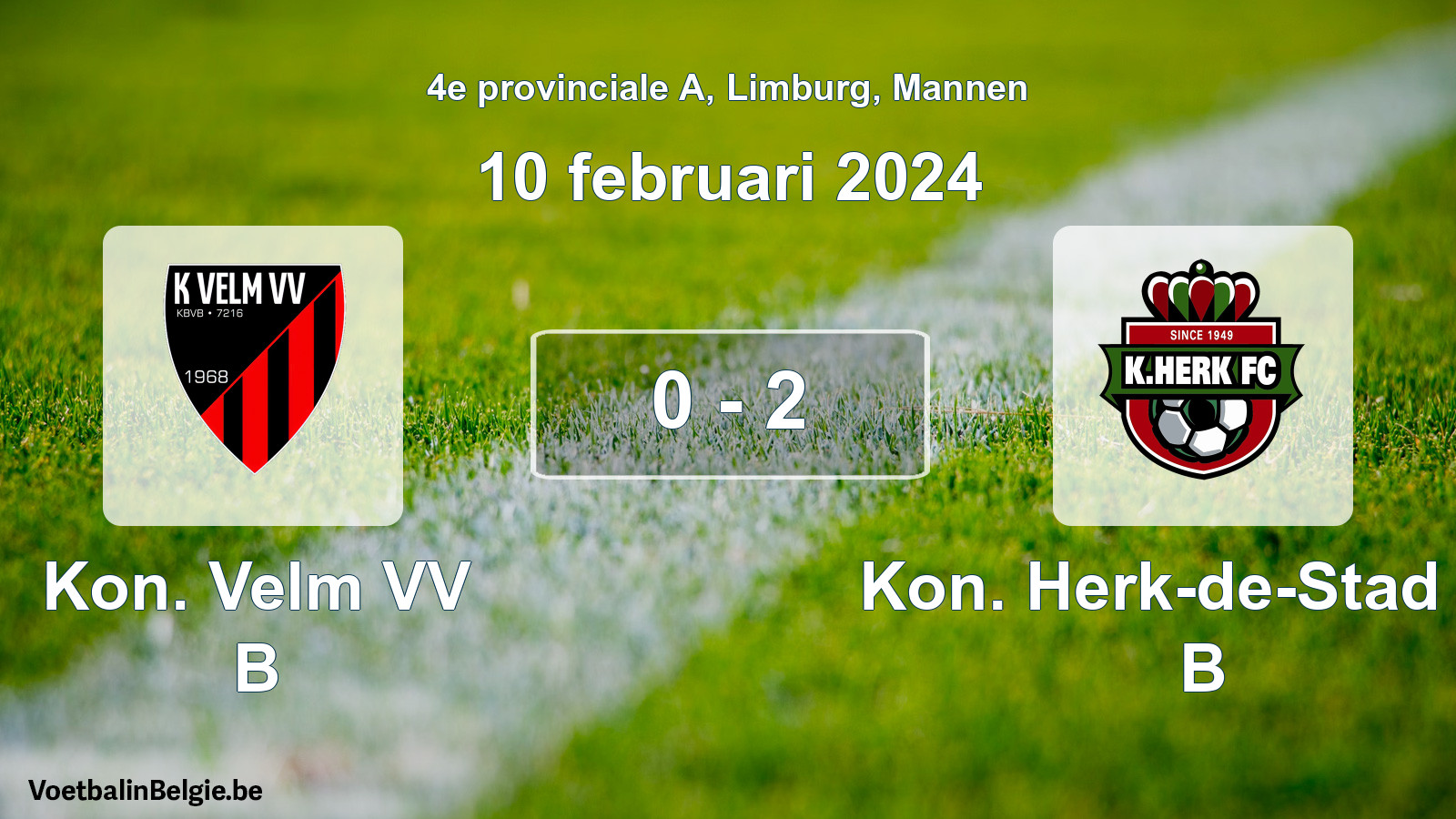 Gespeelde wedstrijd mannenvoetbal: Kon. Velm VV B - Kon. Herk-de-Stad FC B 0 - 2 (10 februari 2024)