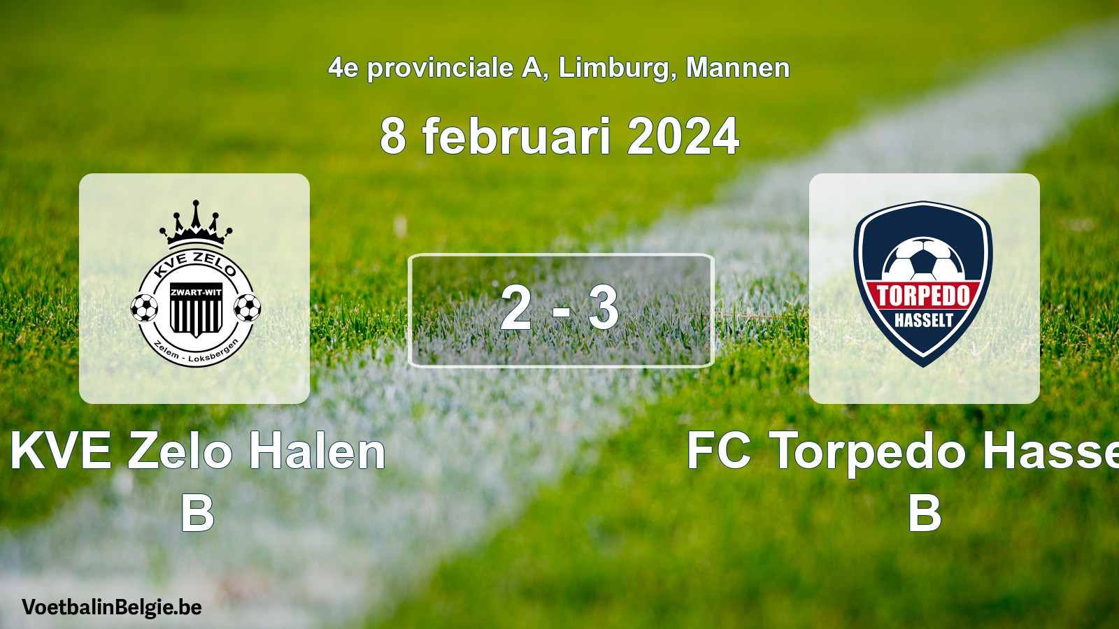 Gespeelde wedstrijd mannenvoetbal: KVE Zelo Halen B - FC Torpedo Hasselt B 2 - 3 (8 februari 2024)