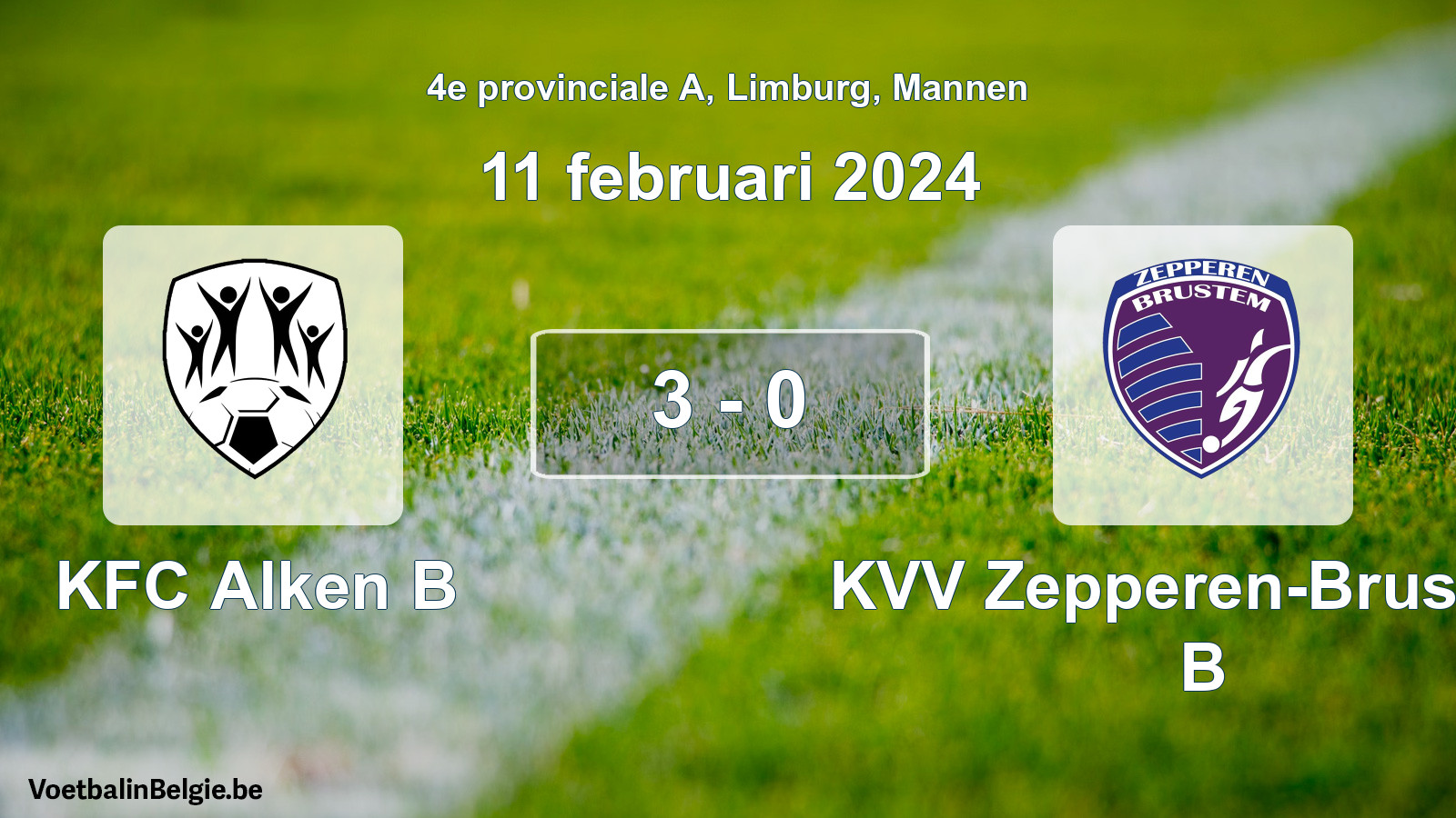 Gespeelde wedstrijd mannenvoetbal: KFC Alken B - KVV Zepperen-Brustem B 3 - 0 (11 februari 2024)