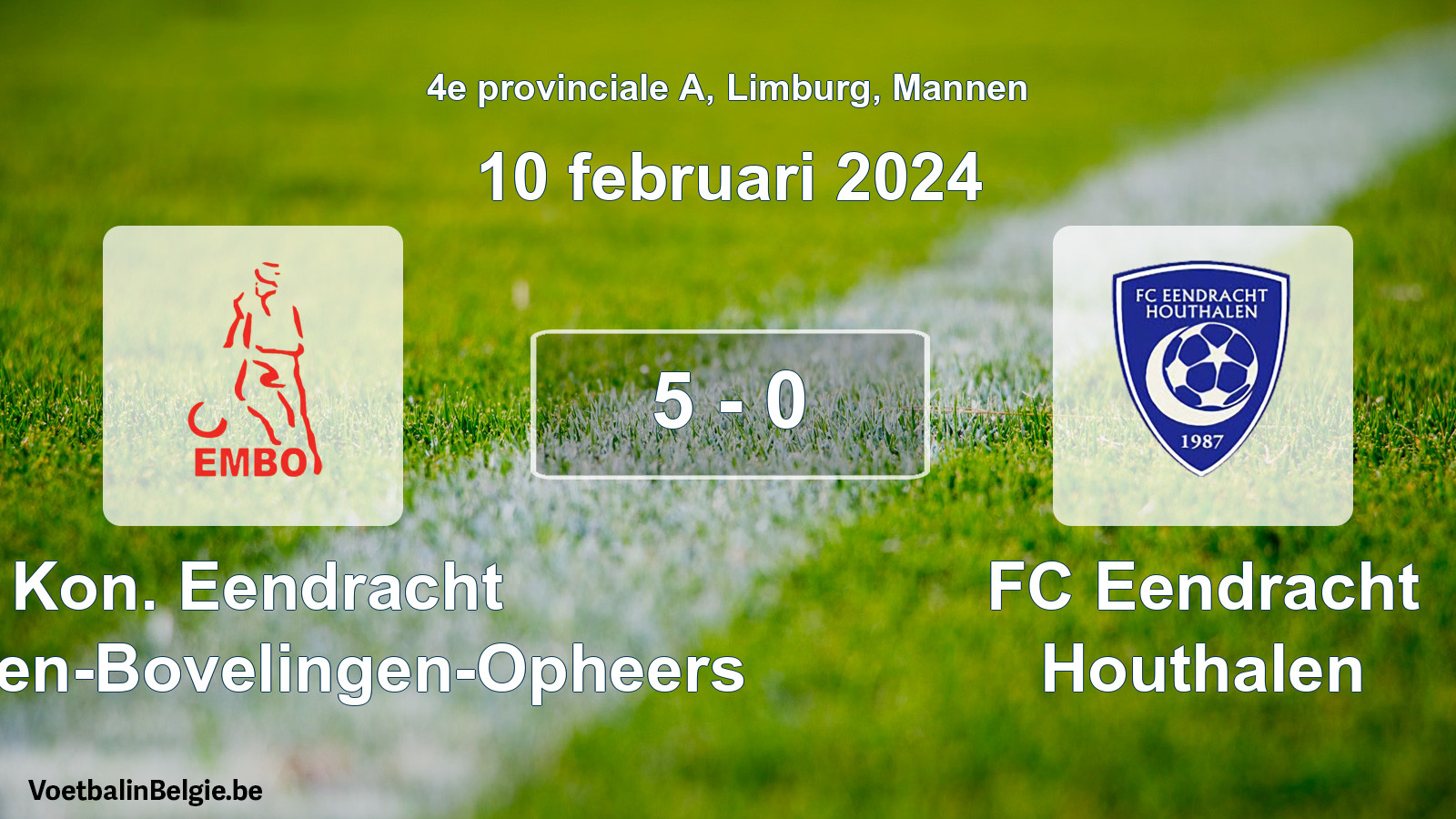 Gespeelde wedstrijd mannenvoetbal: Kon. Eendracht Mechelen-Bovelingen-Opheers - FC Eendracht Houthalen 5 - 0 (10 februari 2024)
