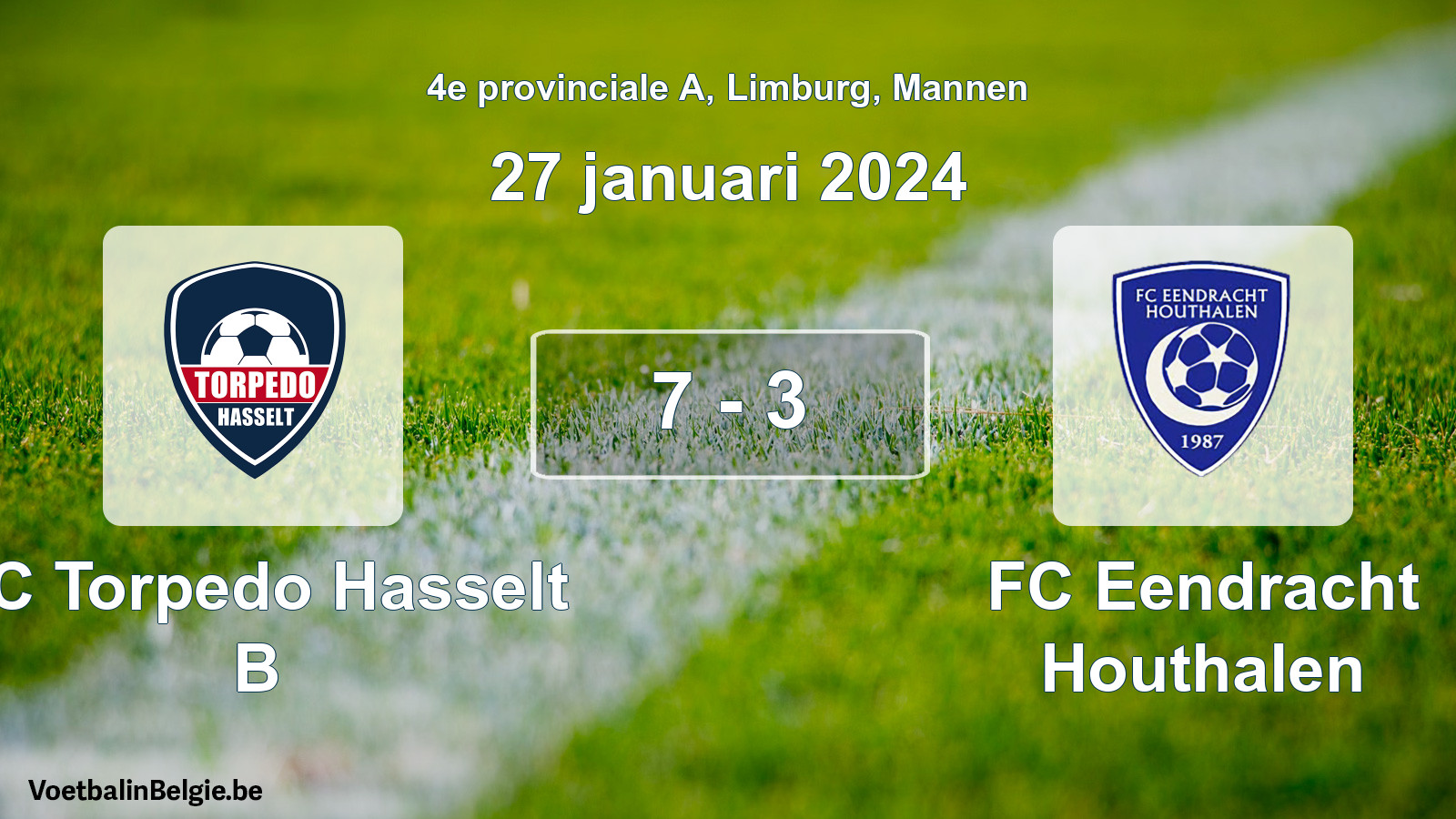 Gespeelde wedstrijd mannenvoetbal: FC Torpedo Hasselt B - FC Eendracht Houthalen 7 - 3 (27 januari 2024)
