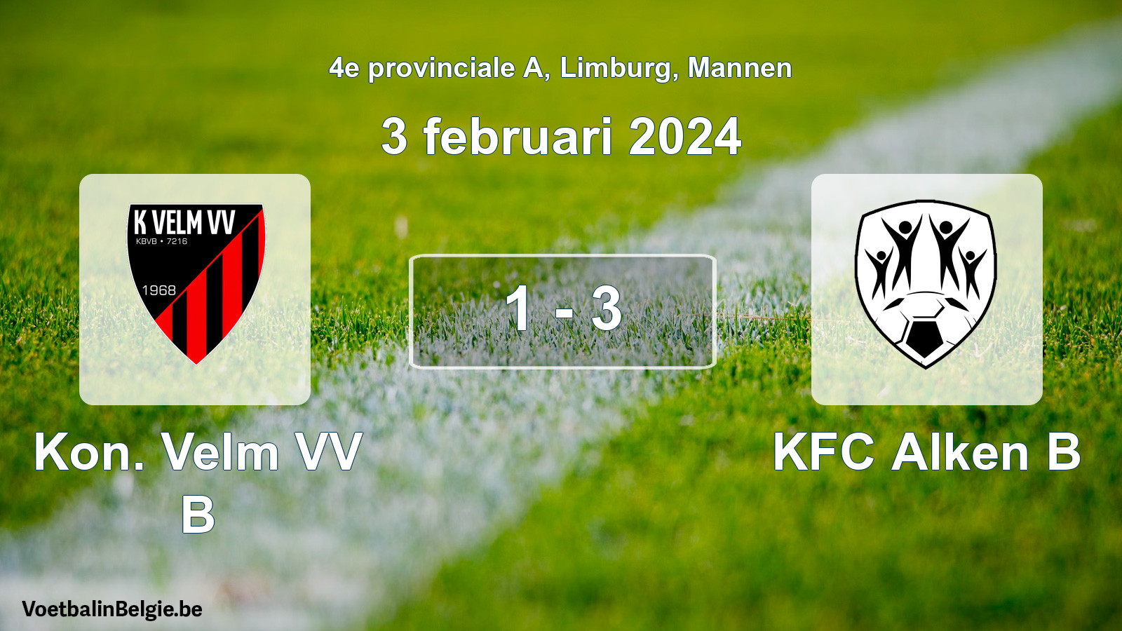 Gespeelde wedstrijd mannenvoetbal: Kon. Velm VV B - KFC Alken B 1 - 3 (3 februari 2024)