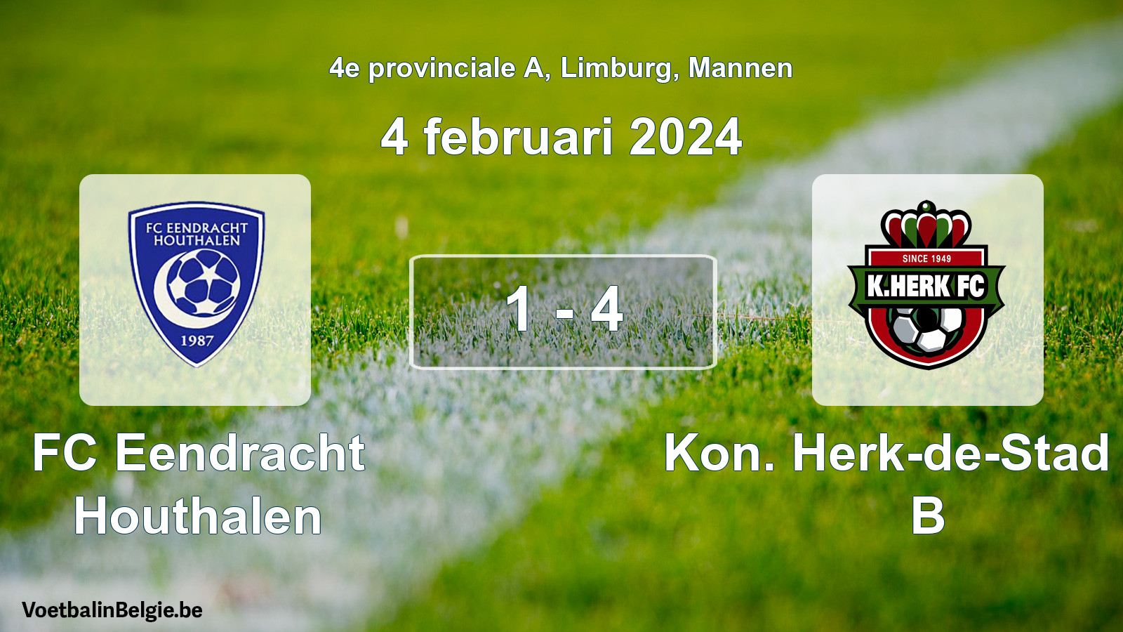 Gespeelde wedstrijd mannenvoetbal: FC Eendracht Houthalen - Kon. Herk-de-Stad FC B 1 - 4 (4 februari 2024)