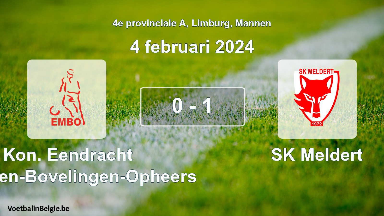 Gespeelde wedstrijd mannenvoetbal: Kon. Eendracht Mechelen-Bovelingen-Opheers - SK Meldert 0 - 1 (4 februari 2024)