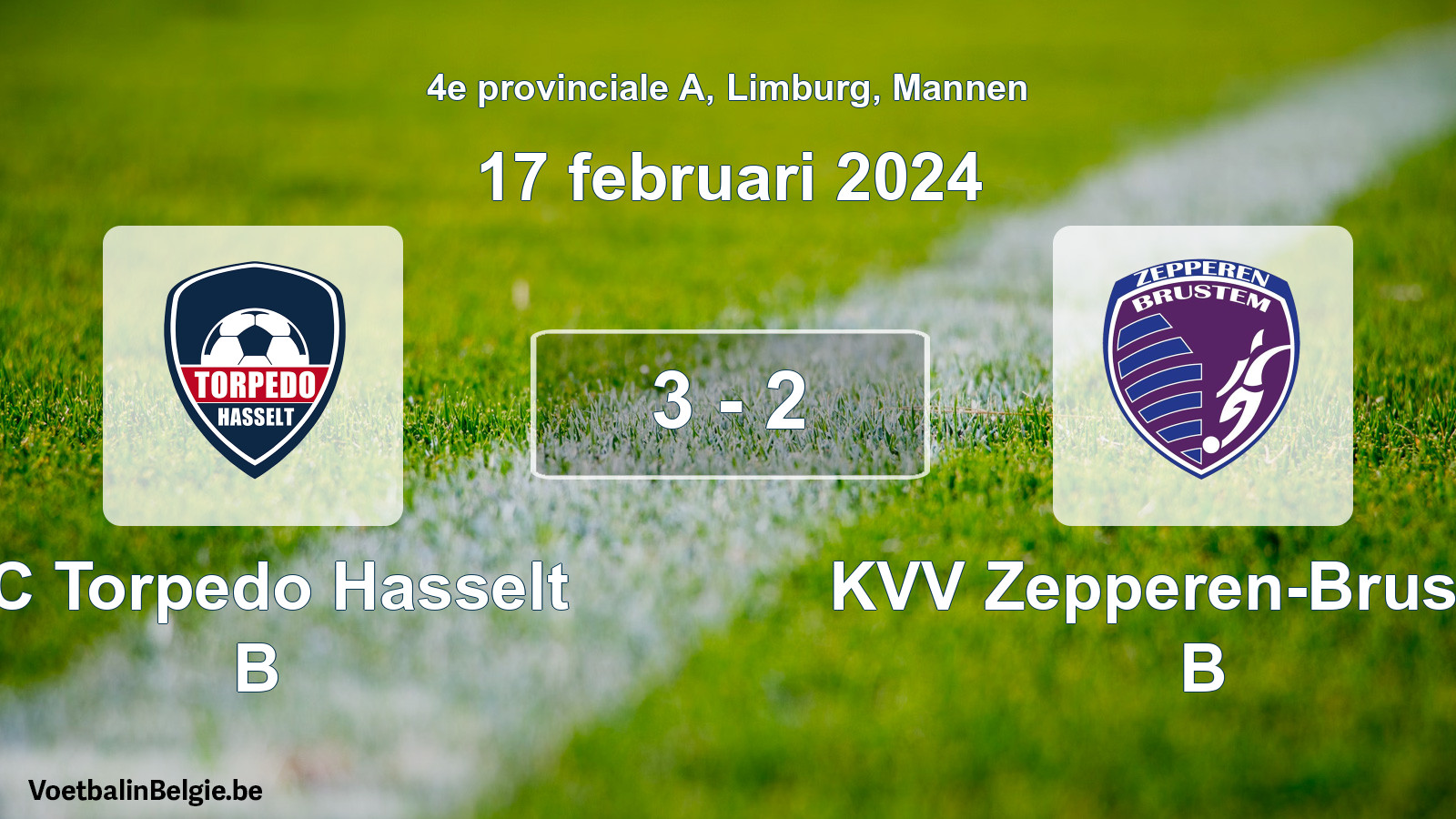 Gespeelde wedstrijd mannenvoetbal: FC Torpedo Hasselt B - KVV Zepperen-Brustem B 3 - 2 (17 februari 2024)