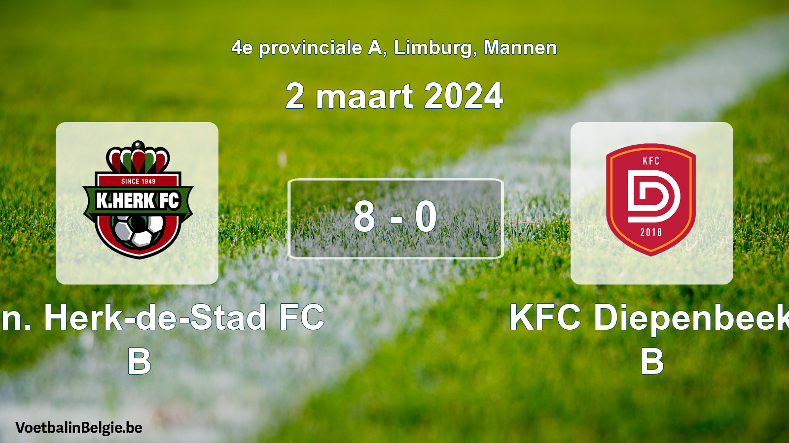 Gespeelde wedstrijd mannenvoetbal: Kon. Herk-de-Stad FC B - KFC Diepenbeek B 8 - 0 (2 maart 2024)