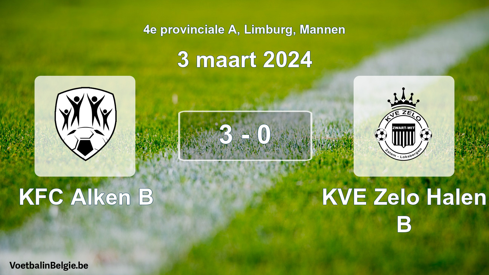 Gespeelde wedstrijd mannenvoetbal: KFC Alken B - KVE Zelo Halen B 3 - 0 (3 maart 2024)