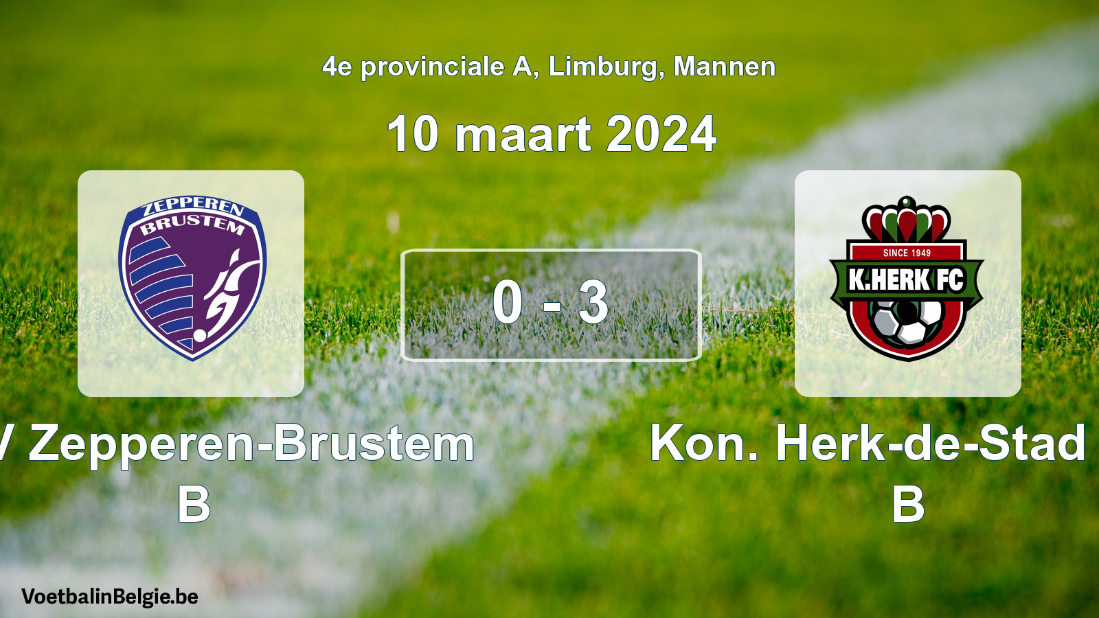 Gespeelde wedstrijd mannenvoetbal: KVV Zepperen-Brustem B - Kon. Herk-de-Stad FC B 0 - 3 (10 maart 2024)