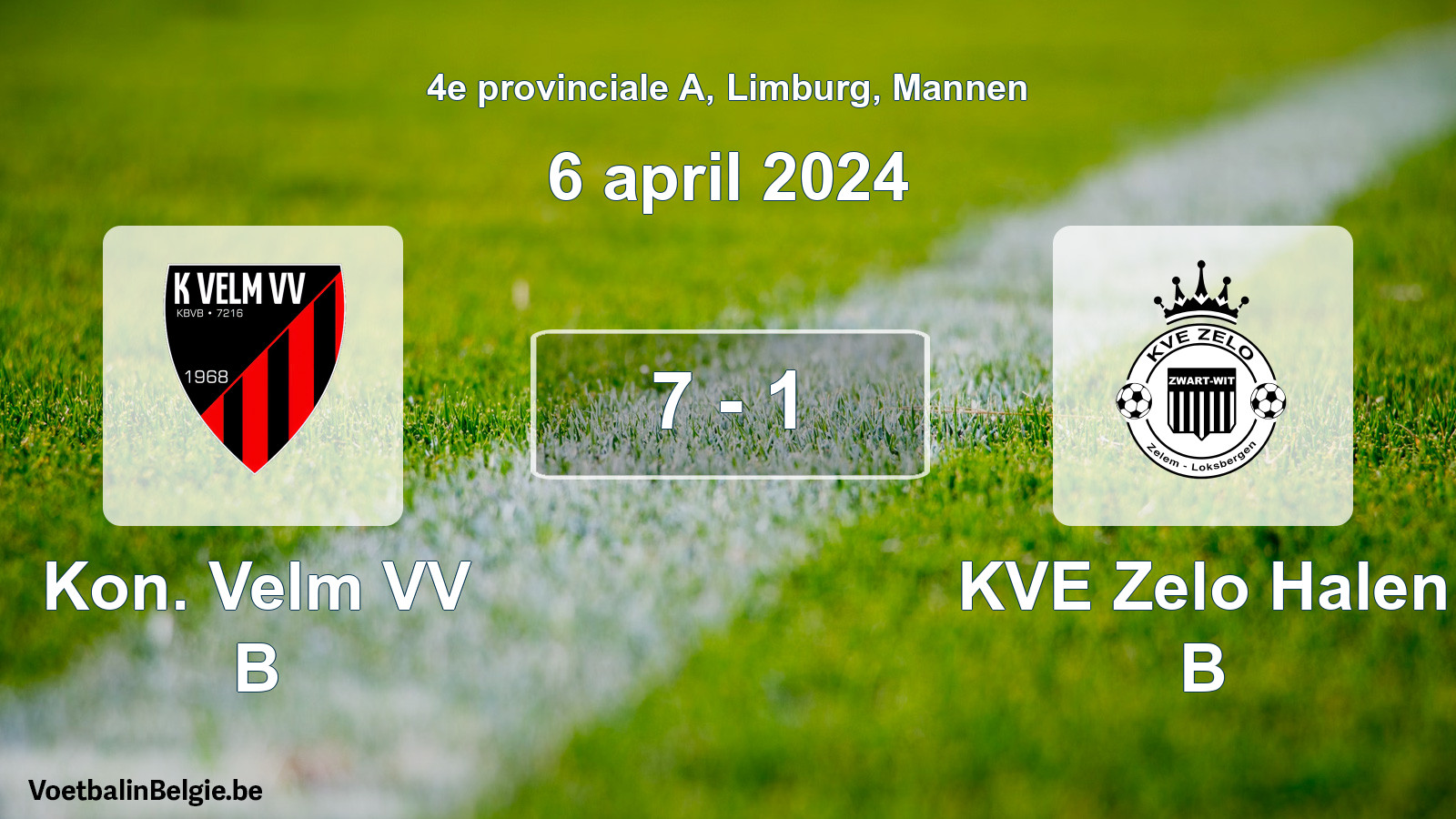 Gespeelde wedstrijd mannenvoetbal: Kon. Velm VV B - KVE Zelo Halen B 7 - 1 (6 april 2024)