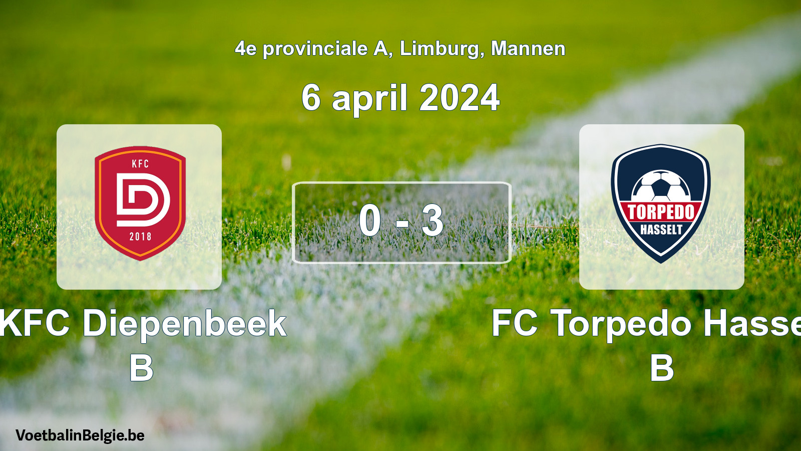 Gespeelde wedstrijd mannenvoetbal: KFC Diepenbeek B - FC Torpedo Hasselt B 0 - 3 (6 april 2024)