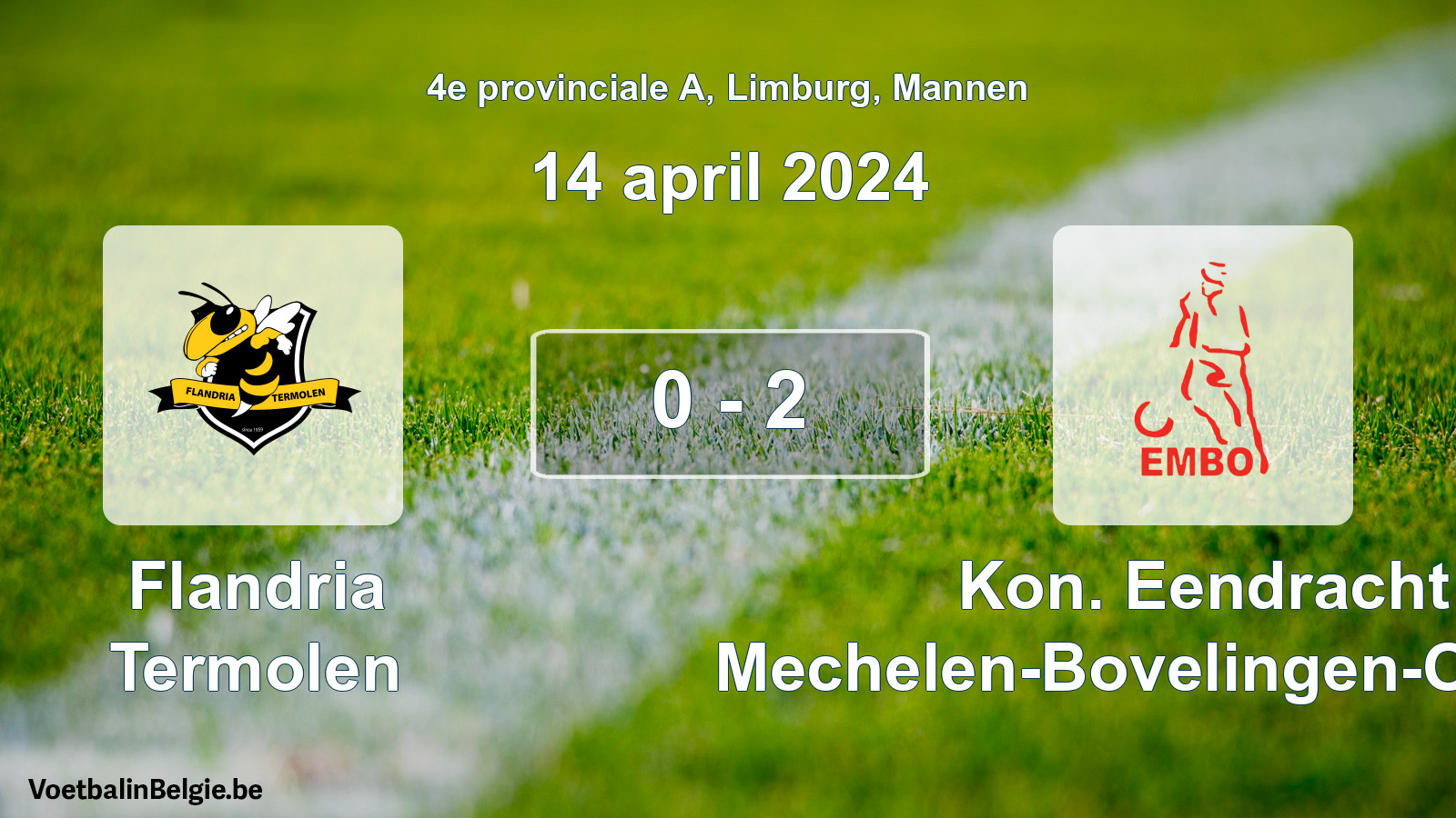 Gespeelde wedstrijd mannenvoetbal: Flandria Termolen - Kon. Eendracht Mechelen-Bovelingen-Opheers 0 - 2 (14 april 2024)