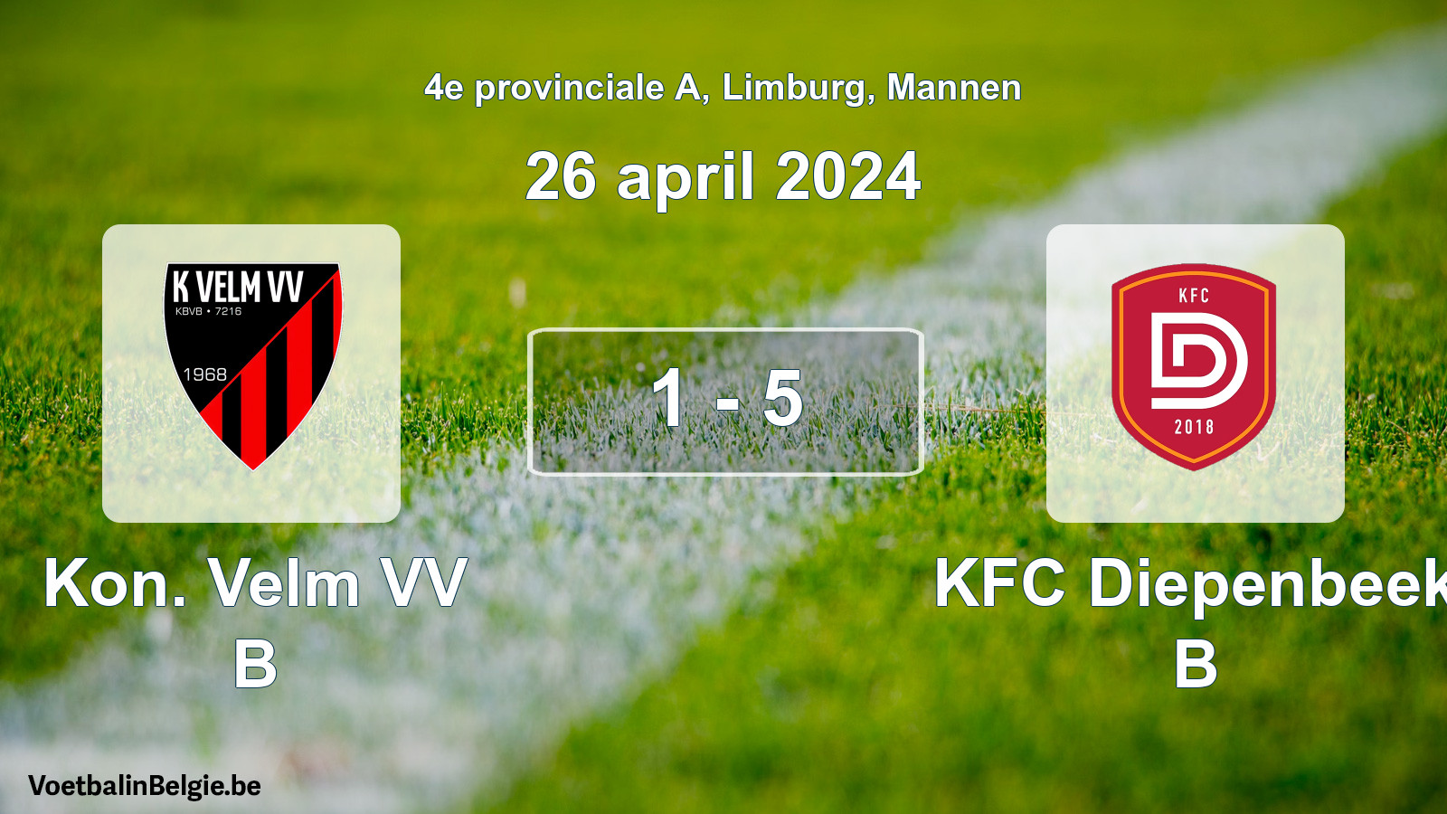 Gespeelde wedstrijd mannenvoetbal: Kon. Velm VV B - KFC Diepenbeek B 1 - 5 (26 april 2024)