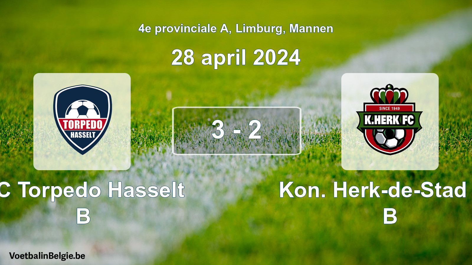 Gespeelde wedstrijd mannenvoetbal: FC Torpedo Hasselt B - Kon. Herk-de-Stad FC B 3 - 2 (28 april 2024)