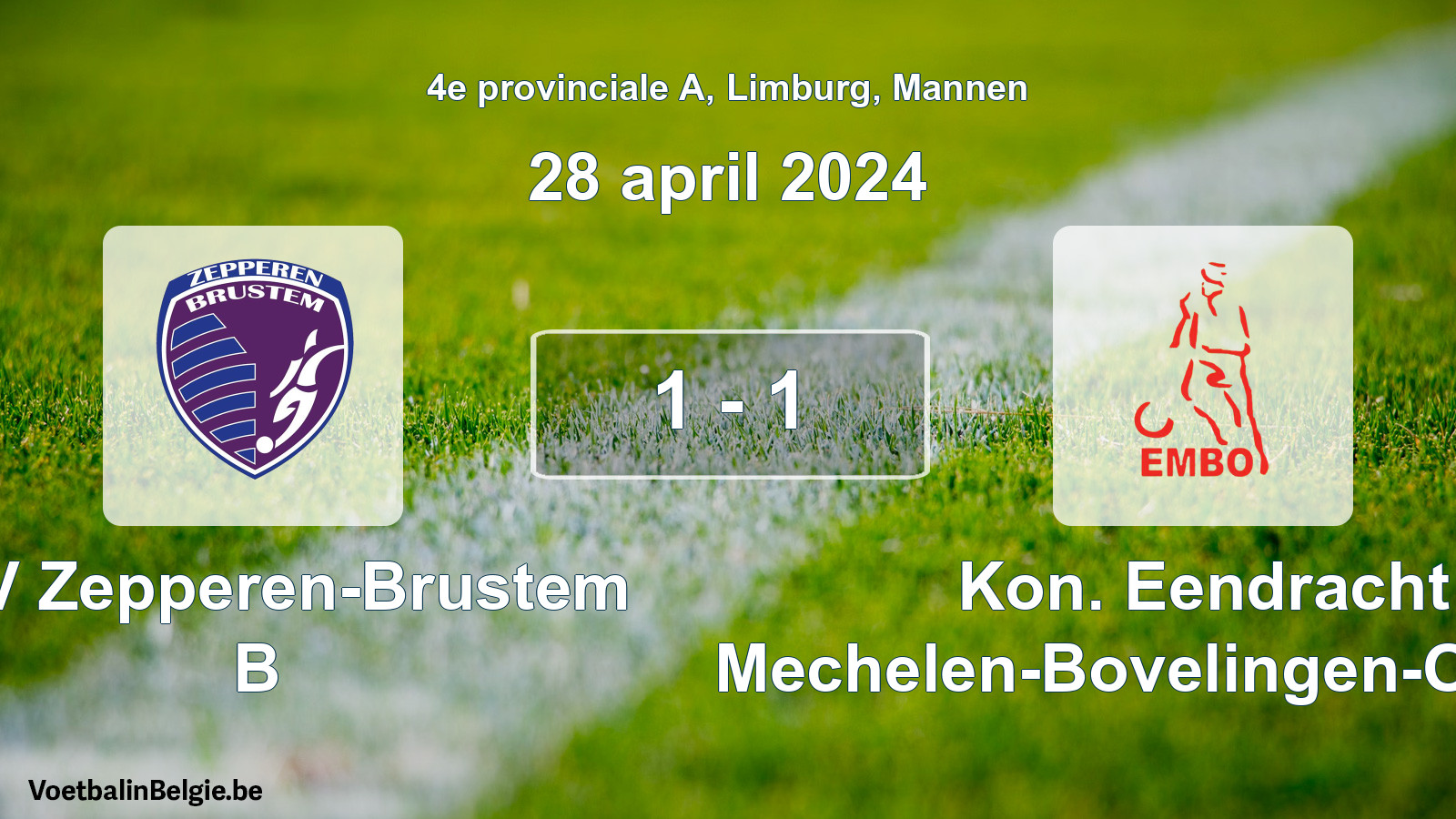 Gespeelde wedstrijd mannenvoetbal: KVV Zepperen-Brustem B - Kon. Eendracht Mechelen-Bovelingen-Opheers 1 - 1 (28 april 2024)