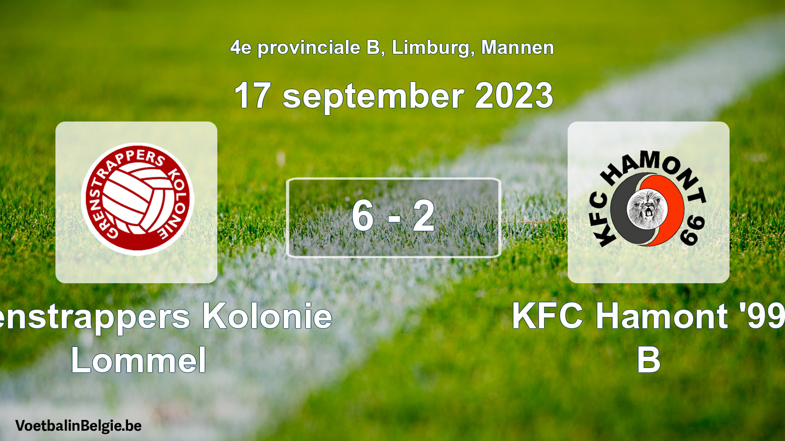 Gespeelde wedstrijd mannenvoetbal: Grenstrappers Kolonie Lommel - KFC Hamont '99 B 6 - 2 (17 september 2023)