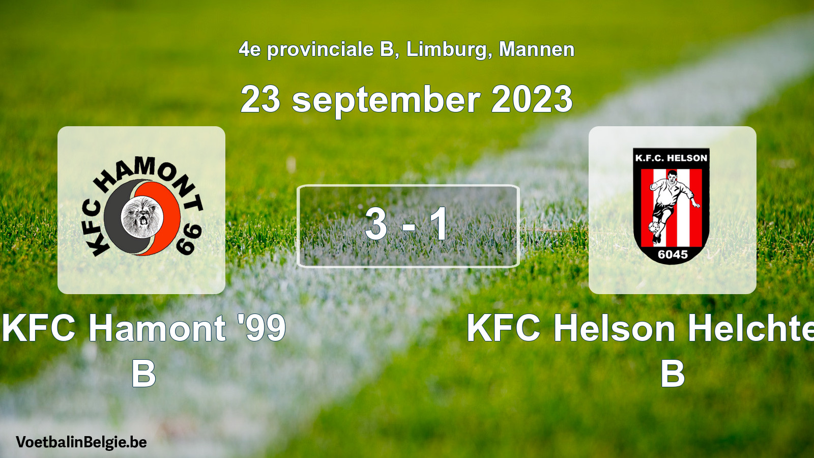 Gespeelde wedstrijd mannenvoetbal: KFC Hamont '99 B - KFC Helson Helchteren B 3 - 1 (23 september 2023)
