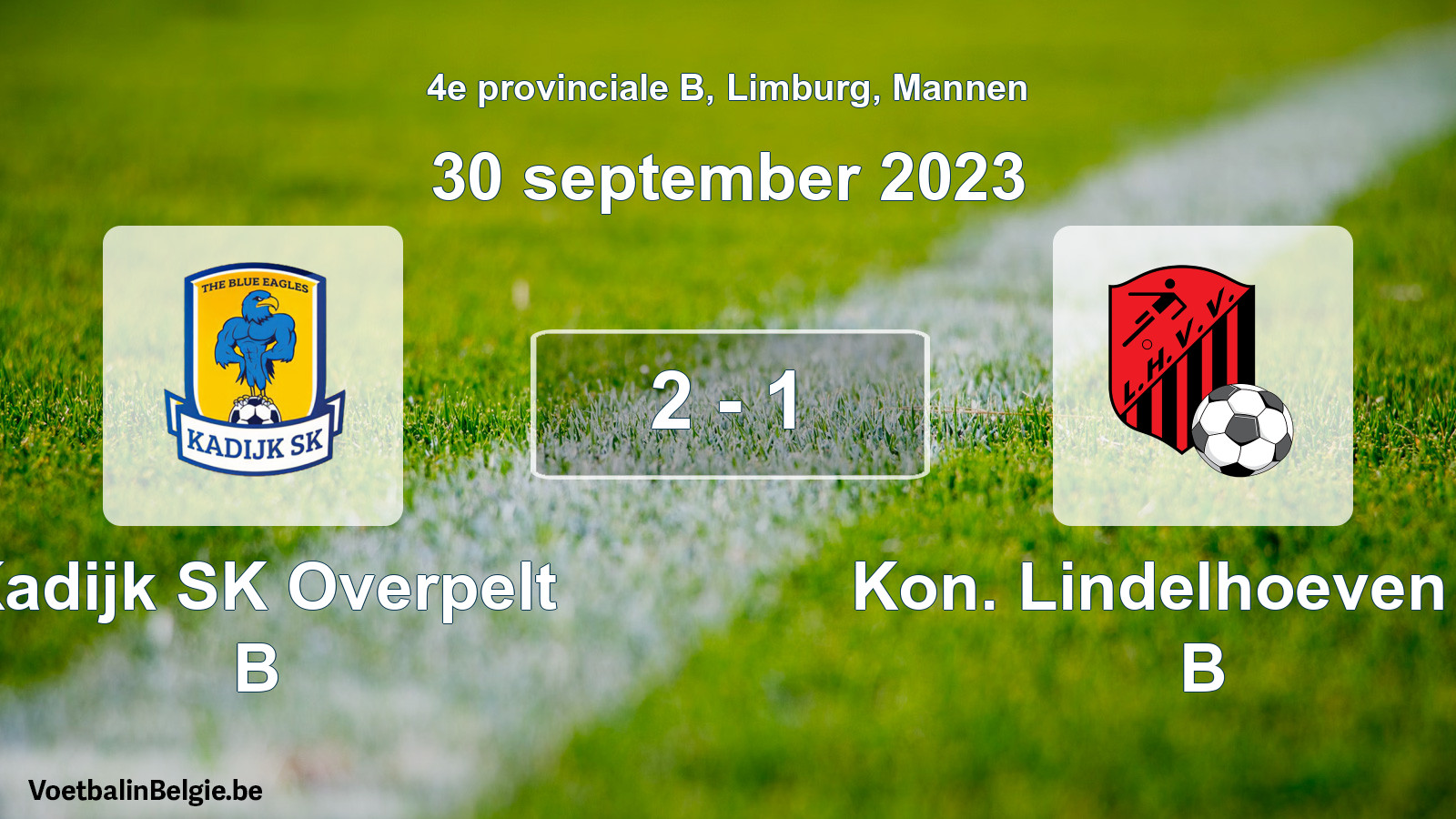 Gespeelde wedstrijd mannenvoetbal: Kadijk SK Overpelt B - Kon. Lindelhoeven VV B 2 - 1 (30 september 2023)