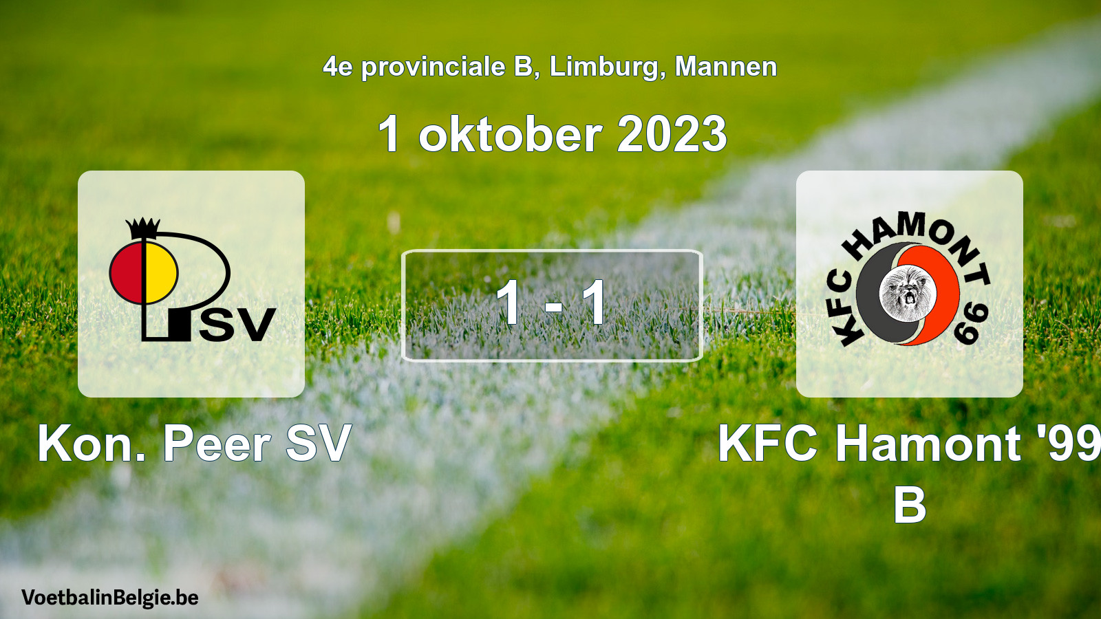 Gespeelde wedstrijd mannenvoetbal: Kon. Peer SV - KFC Hamont '99 B 1 - 1 (1 oktober 2023)
